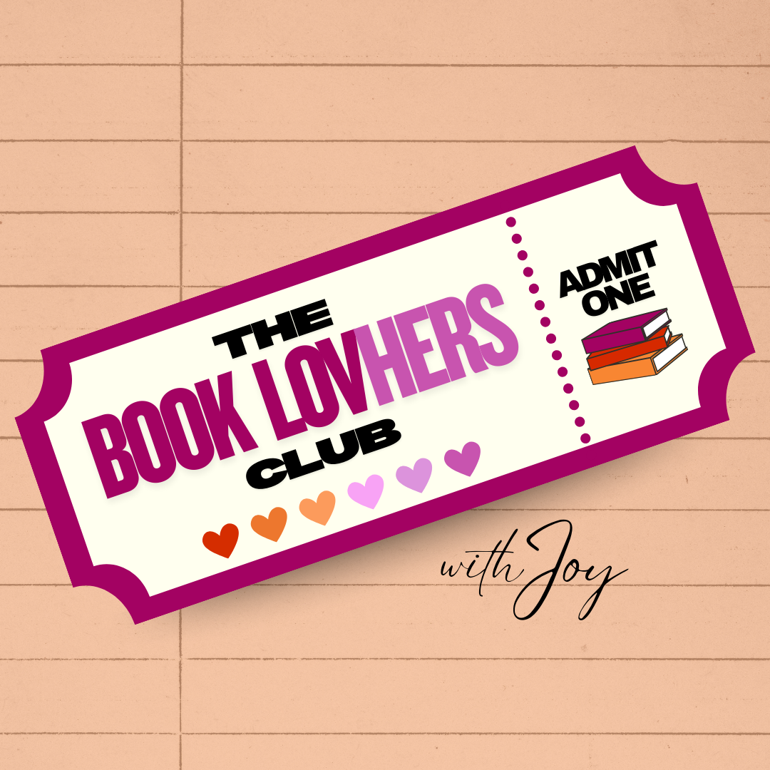 Ticket-style design for 'The Book LOVHERSs Club' with hearts on a library card background