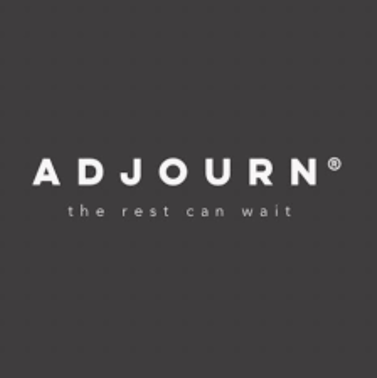 The word 'ADJOURN' in white letters on a dark blue background